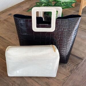 Staud Shirley Black White Leather Large Tote Purse Black Cream Croc